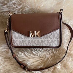 Michael Kors, White and Tan MK monogram logo, Crossbody bag